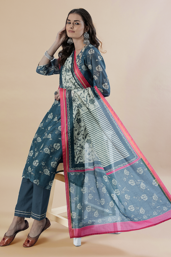 Hand Block Printed Grey  Chanderi kurta set (with Pants and Dupatta)