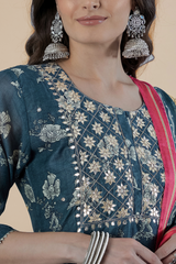 Hand Block Printed Grey  Chanderi kurta set (with Pants and Dupatta)