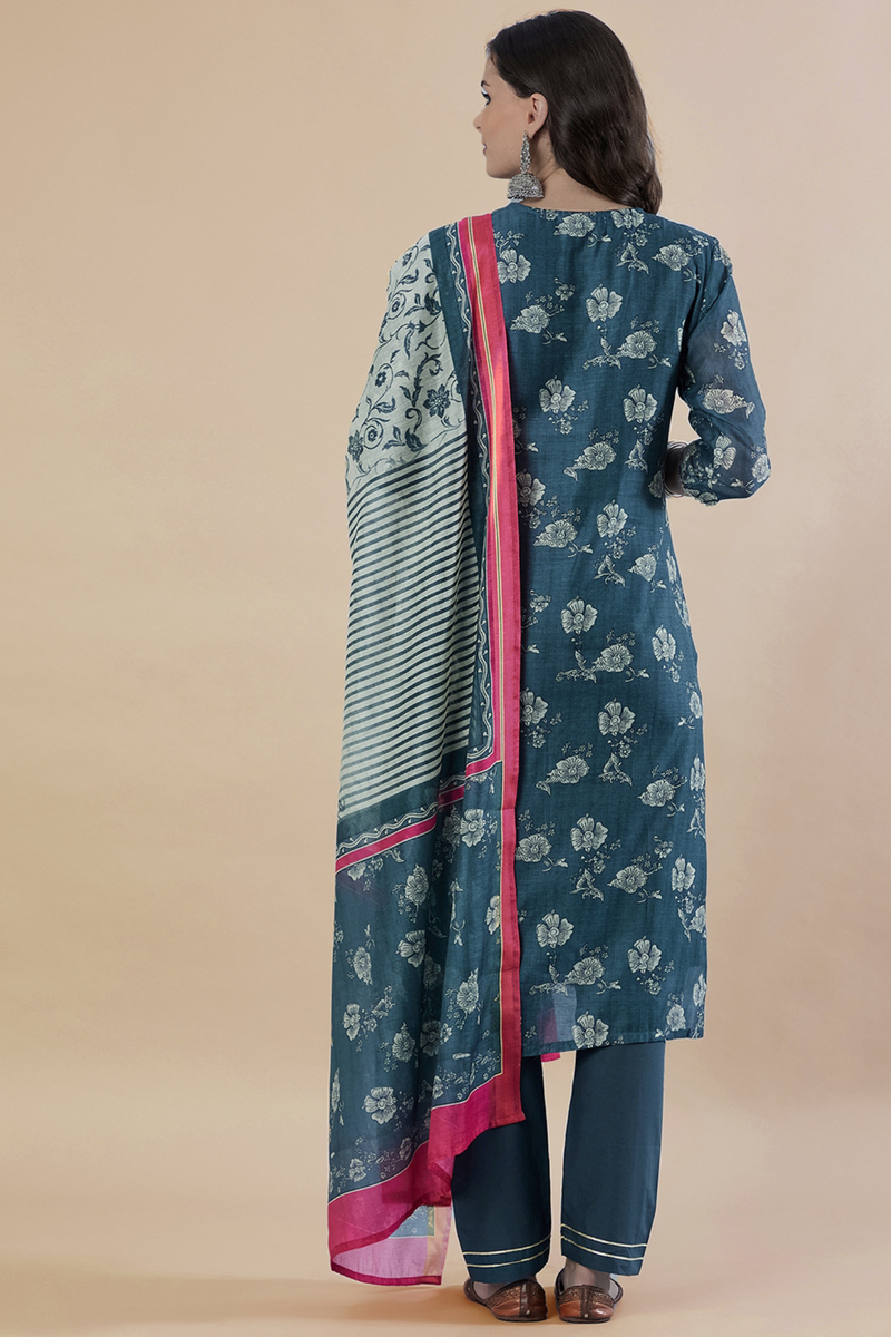 Hand Block Printed Grey  Chanderi kurta set (with Pants and Dupatta)