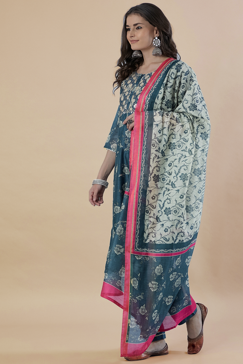 Hand Block Printed Grey  Chanderi kurta set (with Pants and Dupatta)