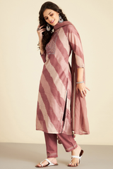 Dusky Brown leheriya Chanderi Suit Set (with Pants and Dupatta)