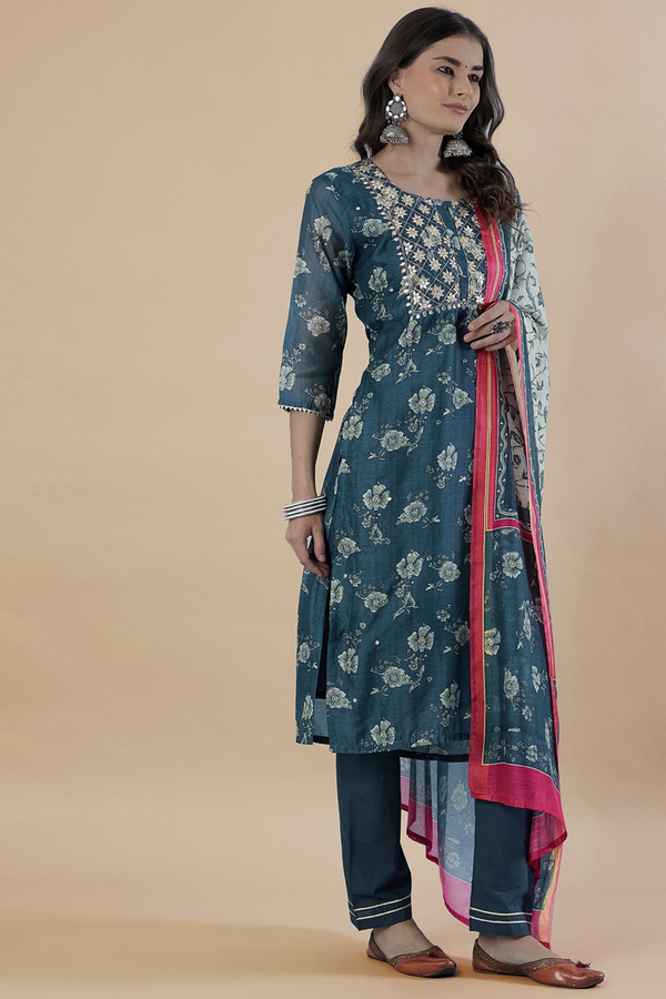 Hand Block Printed Grey  Chanderi kurta set (with Pants and Dupatta)