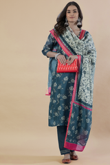 Hand Block Printed Grey  Chanderi kurta set (with Pants and Dupatta)