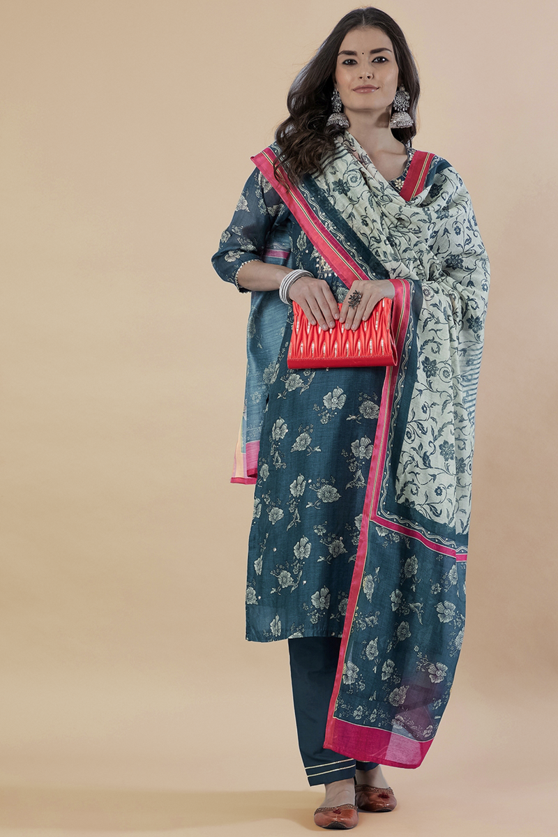 Hand Block Printed Grey  Chanderi kurta set (with Pants and Dupatta)