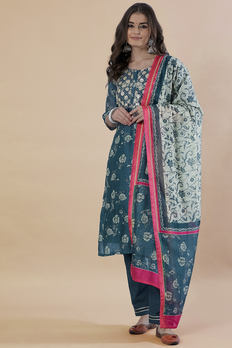 Hand Block Printed Grey  Chanderi kurta set (with Pants and Dupatta)