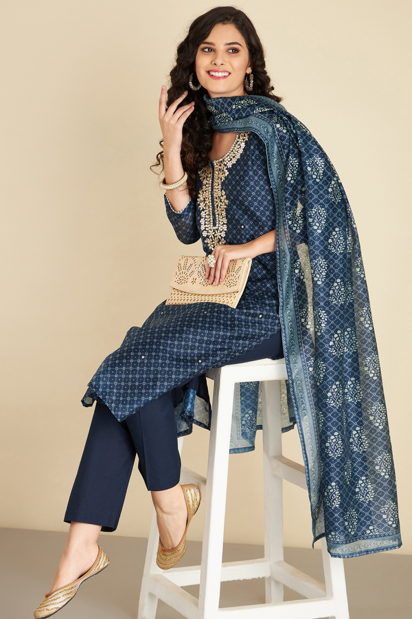 Navy Blue Gota Patti Chanderi Suit Set (with Pants and Dupatta)