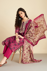 Crimson Chanderi Suit Set (with Pants and Dupatta)