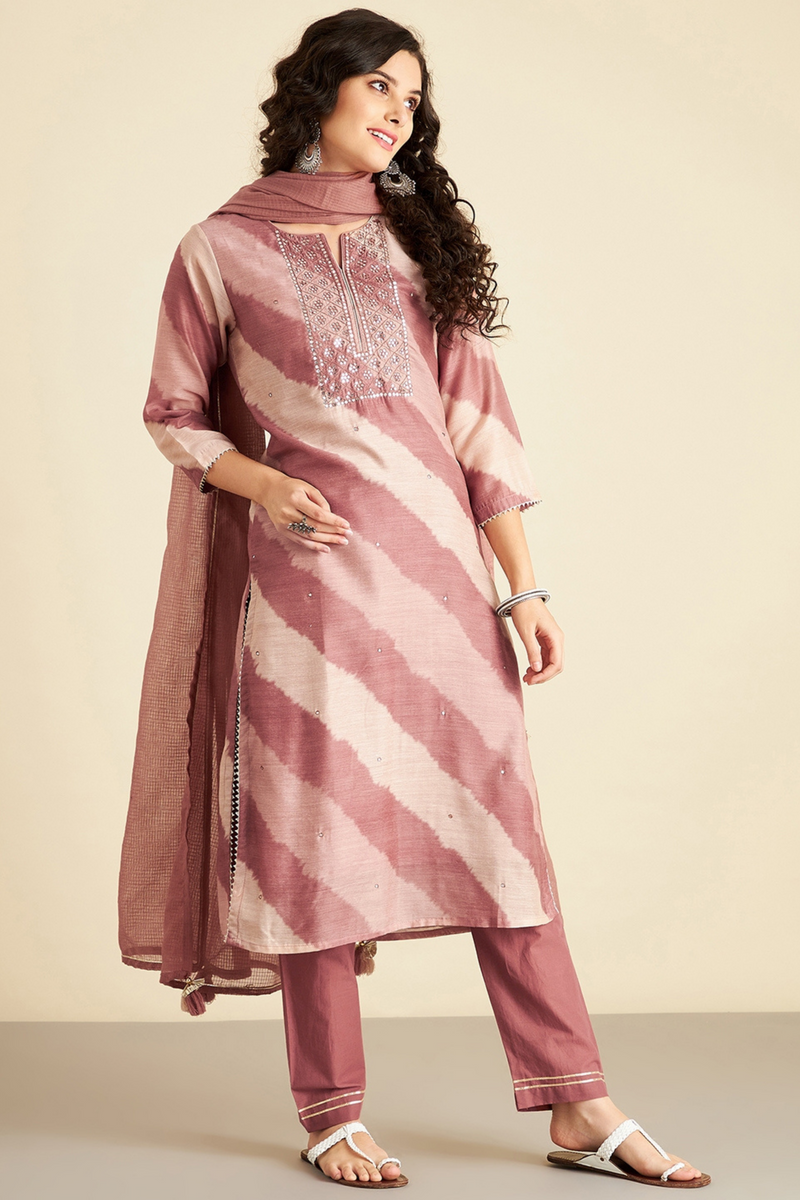 Dusky Brown leheriya Chanderi Suit Set (with Pants and Dupatta)