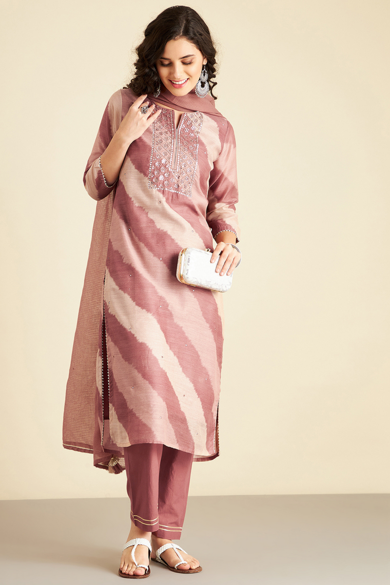 Dusky Brown leheriya Chanderi Suit Set (with Pants and Dupatta)