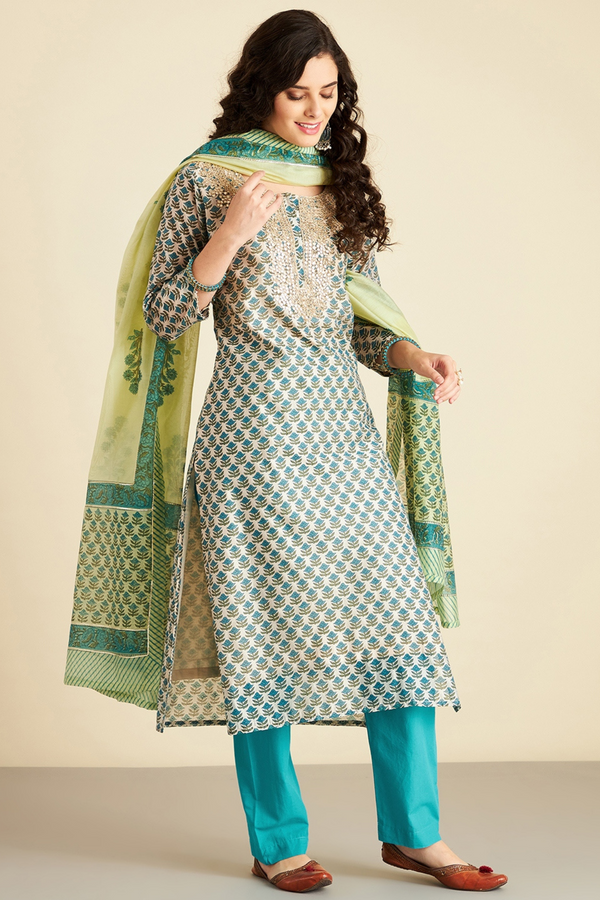 Hand Block Printed Green Chanderi kurta set (with Pants and Dupatta)