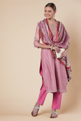 Pink Straight fit Chanderi Kurta set (with Pant and Dupatta)