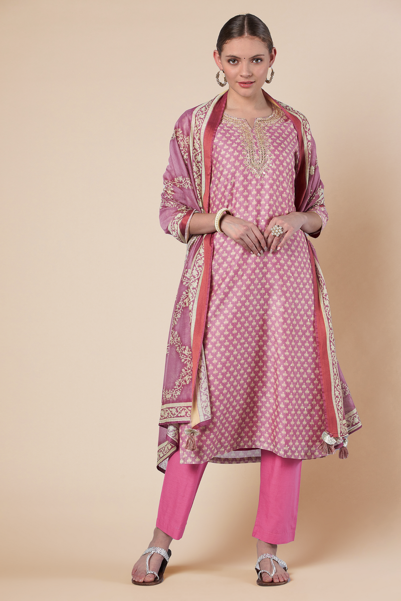 Pink Straight fit Chanderi Kurta set (with Pant and Dupatta)