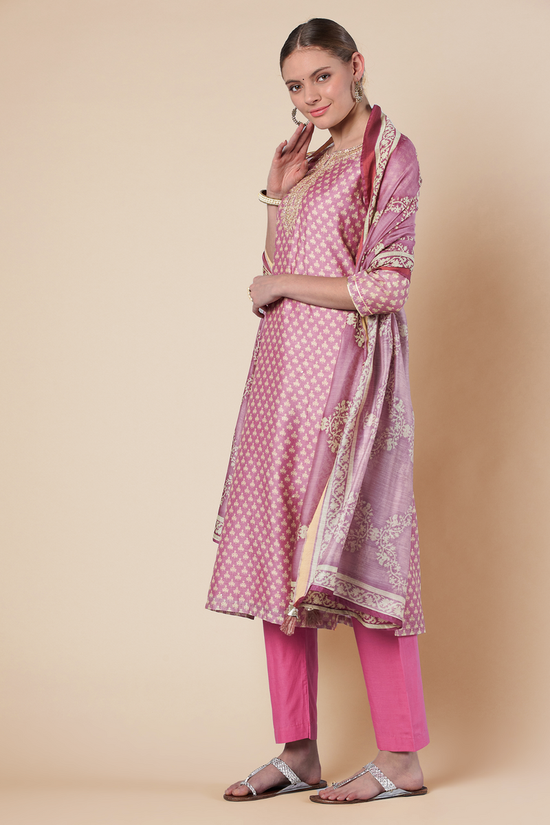 Pink Straight fit Chanderi Kurta set (with Pant and Dupatta)