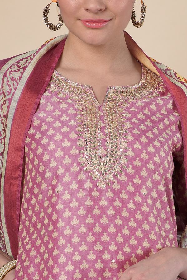 Pink Straight fit Chanderi Kurta set (with Pant and Dupatta)