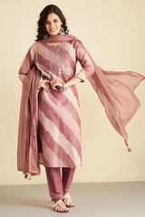 Dusky Brown leheriya Chanderi Suit Set (with Pants and Dupatta)