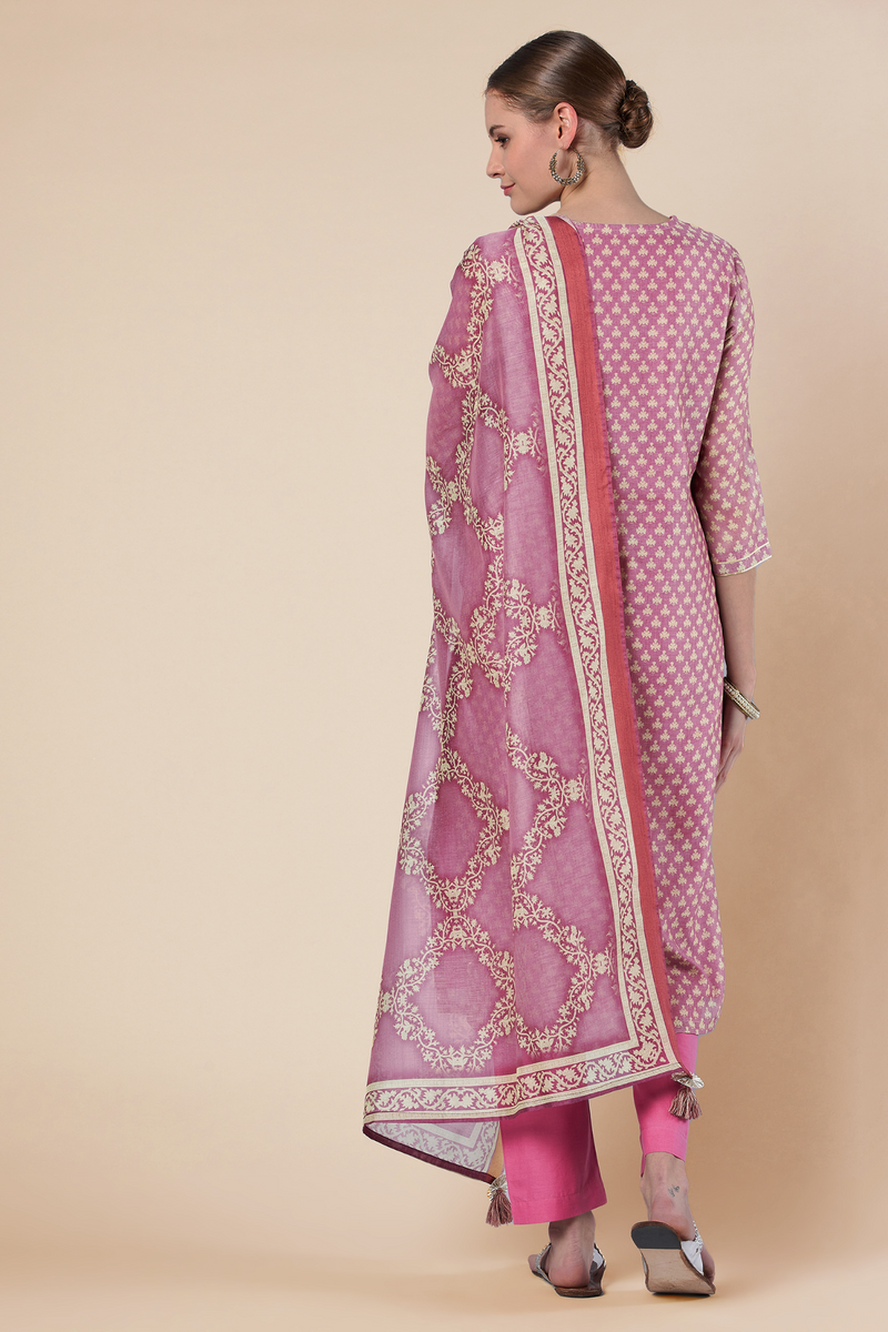 Pink Straight fit Chanderi Kurta set (with Pant and Dupatta)