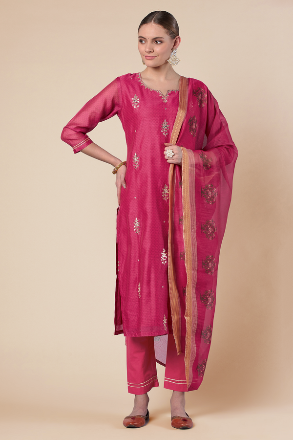 Dark Pink Straight fit Chanderi Kurta set (with Pant and Dupatta)