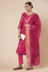 Dark Pink Straight fit Chanderi Kurta set (with Pant and Dupatta)