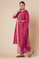 Dark Pink Straight fit Chanderi Kurta set (with Pant and Dupatta)