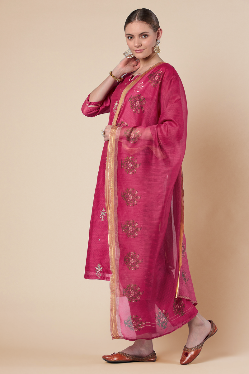 Dark Pink Straight fit Chanderi Kurta set (with Pant and Dupatta)