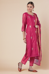 Dark Pink Straight fit Chanderi Kurta set (with Pant and Dupatta)