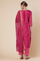 Dark Pink Straight fit Chanderi Kurta set (with Pant and Dupatta)