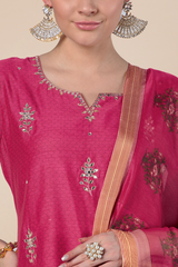 Dark Pink Straight fit Chanderi Kurta set (with Pant and Dupatta)