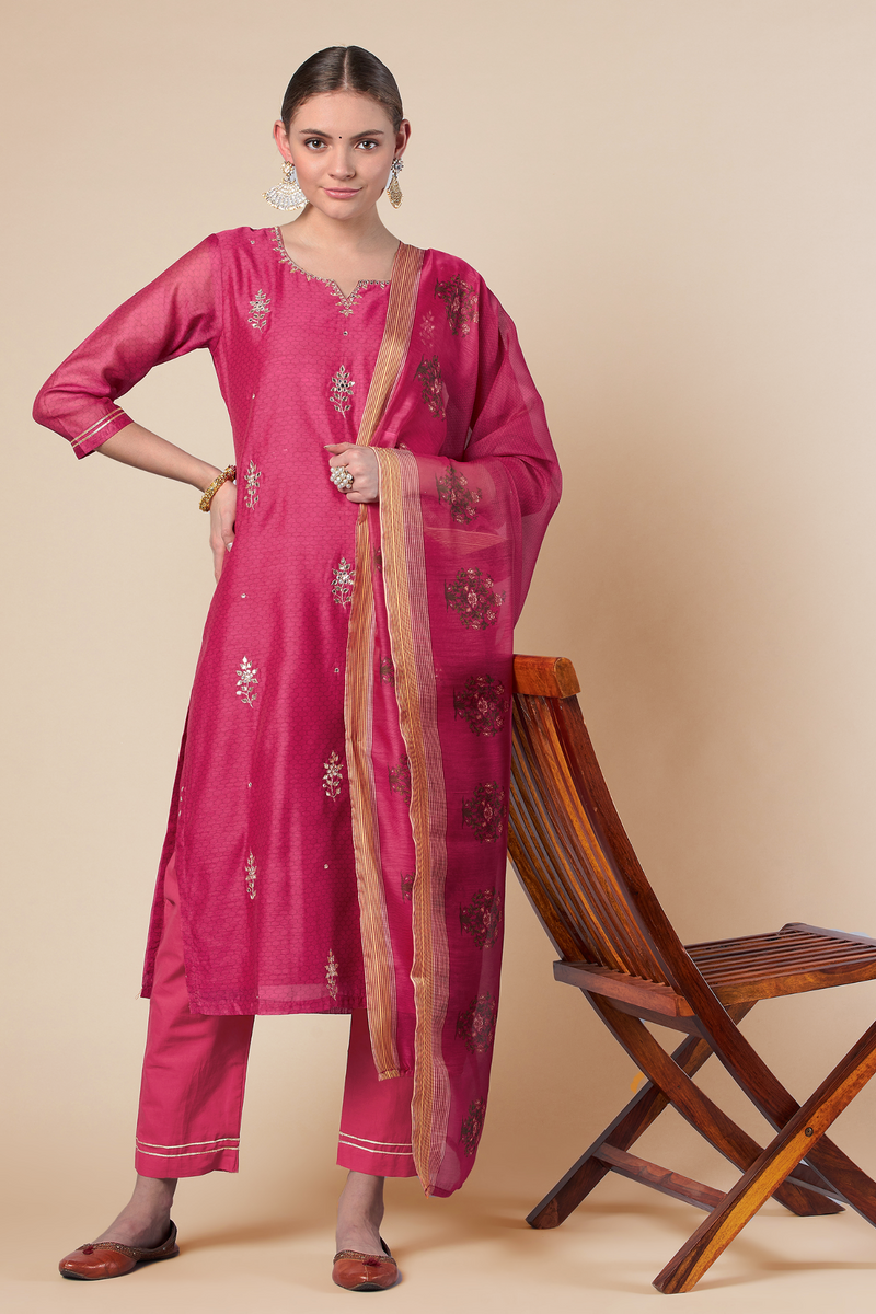 Dark Pink Straight fit Chanderi Kurta set (with Pant and Dupatta)