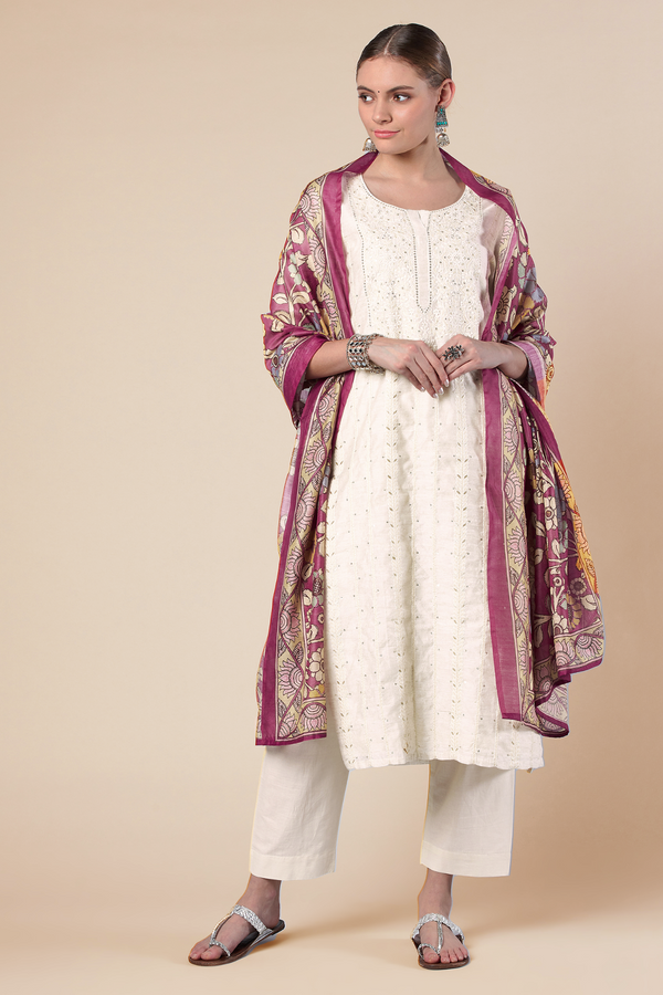 Off White Straight fit Chanderi Kurta set (with Pant and Dupatta)
