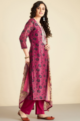 Crimson Chanderi Suit Set (with Pants and Dupatta)