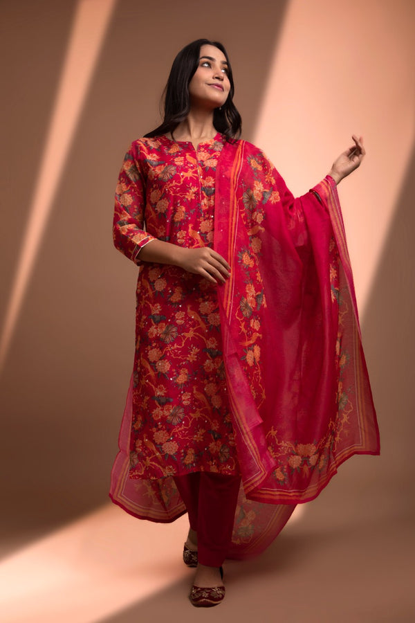 Red Straight fit Chanderi Kurta set (with Pant and Dupatta)