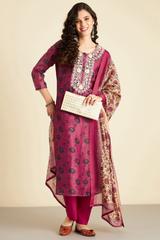 Crimson Chanderi Suit Set (with Pants and Dupatta)