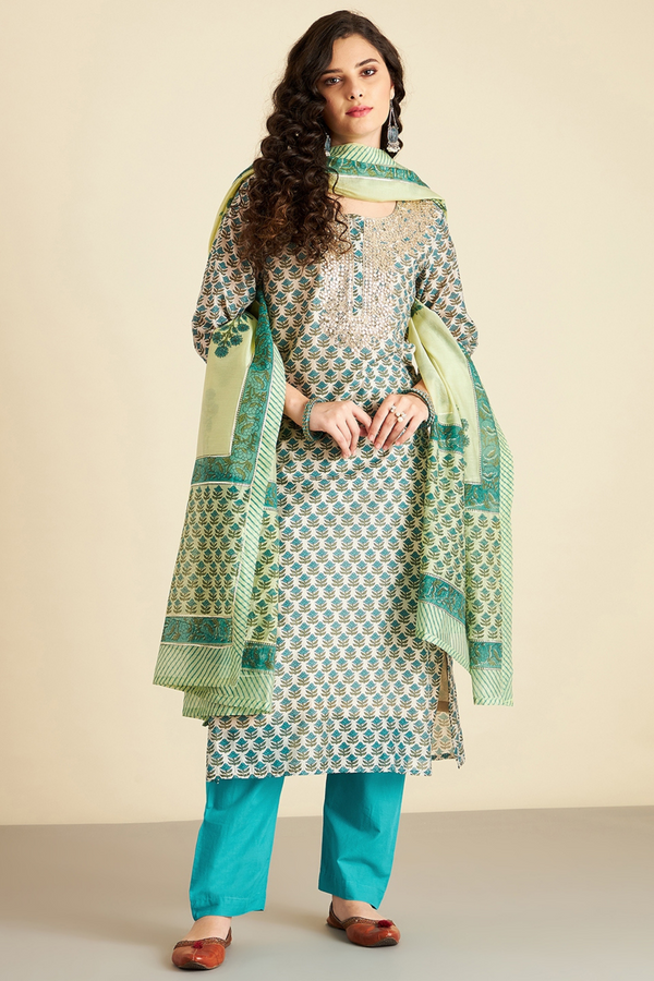 Hand Block Printed Green Chanderi kurta set (with Pants and Dupatta)