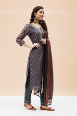 Hand Block Printed Grey  Chanderi kurta set (with Pants and Dupatta)