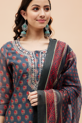 Hand Block Printed Grey  Chanderi kurta set (with Pants and Dupatta)