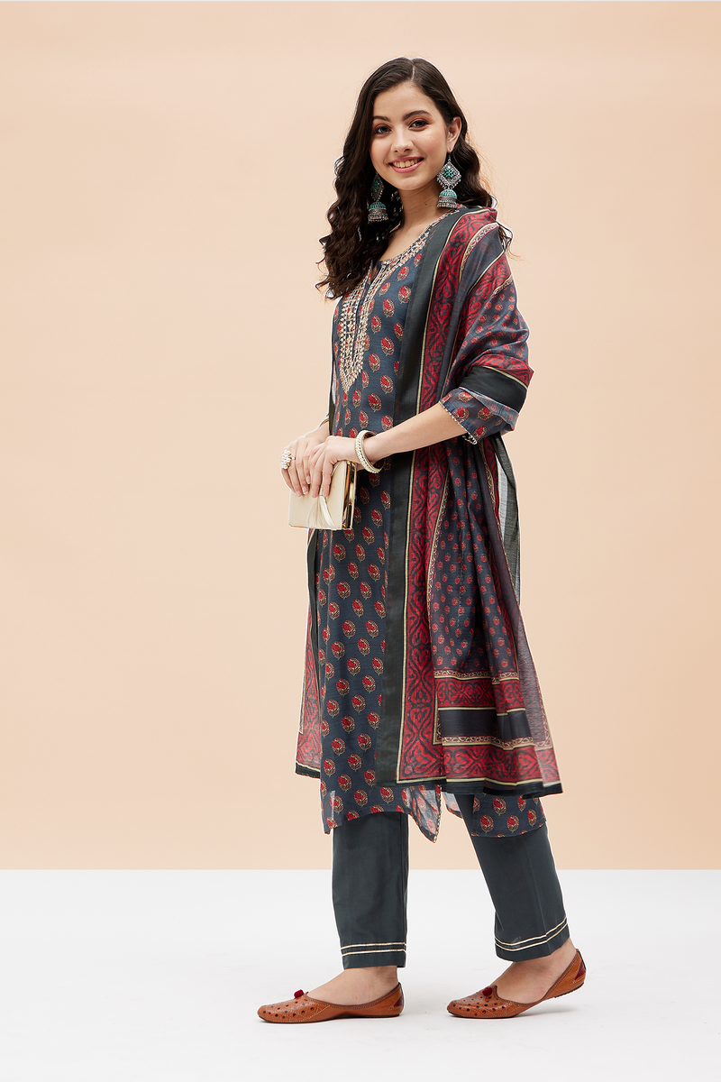 Hand Block Printed Grey  Chanderi kurta set (with Pants and Dupatta)