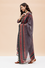 Hand Block Printed Grey  Chanderi kurta set (with Pants and Dupatta)