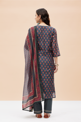 Hand Block Printed Grey  Chanderi kurta set (with Pants and Dupatta)