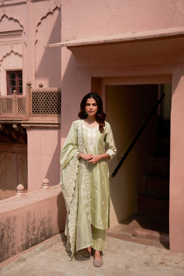 Pista Green Chanderi Thread Work Suit Set (With Pants and Dupatta)