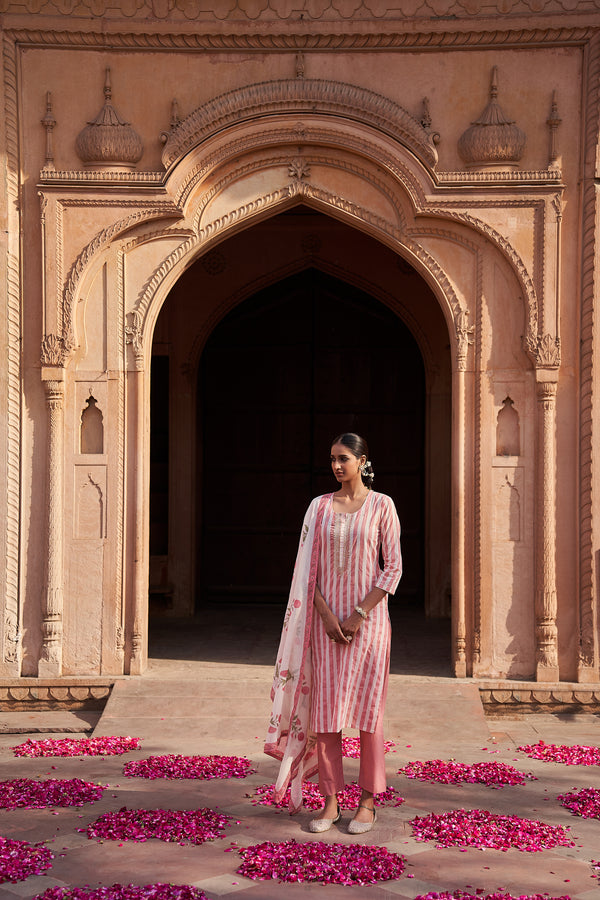 Powder Pink Striped Cotton Suit Set (With Pants and Dupatta)