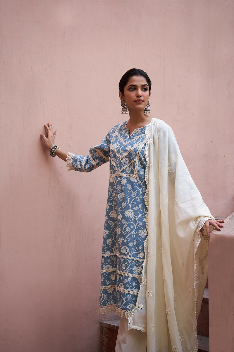 Powder Blue Lace Work Cotton Suit Set (With Pants and Dupatta)