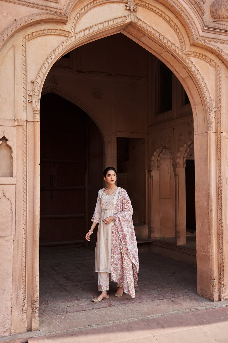 Cream Gota Patti Chanderi Suit Set (With Pants and Dupatta)