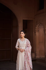 Cream Gota Patti Chanderi Suit Set (With Pants and Dupatta)