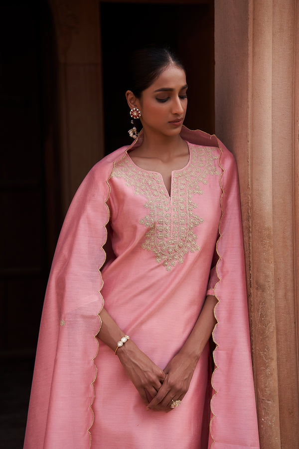Pink Chanderi Suit Set (With Pants and Dupatta)