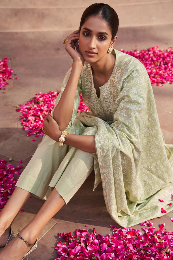 Mint Green Hand Block Printed Cotton Suit Set (With Pants and Dupatta)