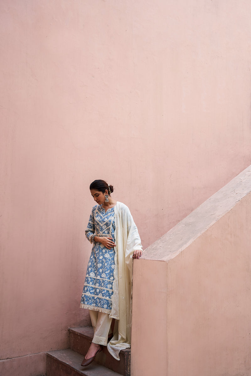 Powder Blue Lace Work Cotton Suit Set (With Pants and Dupatta)