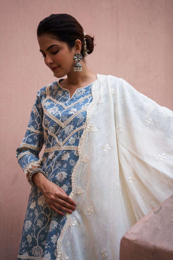 Powder Blue Lace Work Cotton Suit Set (With Pants and Dupatta)