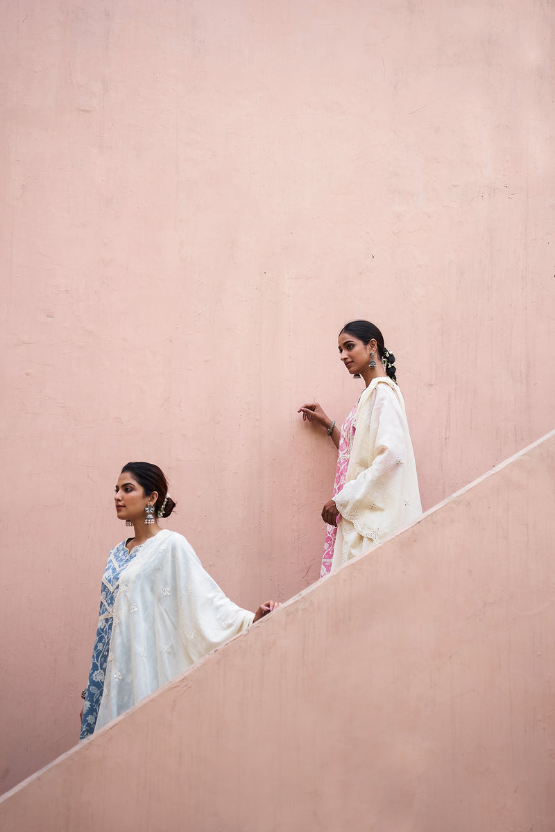 Powder Blue Lace Work Cotton Suit Set (With Pants and Dupatta)