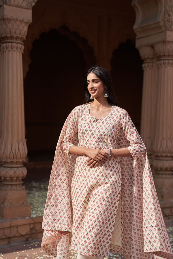 Cream Printed Cotton Suit Set (With Pants and Dupatta)