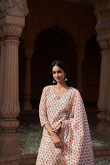 Cream Printed Cotton Suit Set (With Pants and Dupatta)